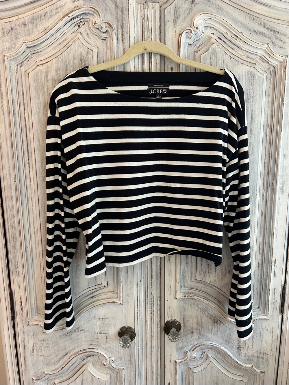 J. Crew Black and White Striped Long-Sleeve Boatneck Top